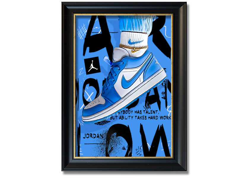 A vibrant artwork of blue sneakers printed on coated polyester canvas, mounted on a sturdy 44mm box frame, ready to hang.