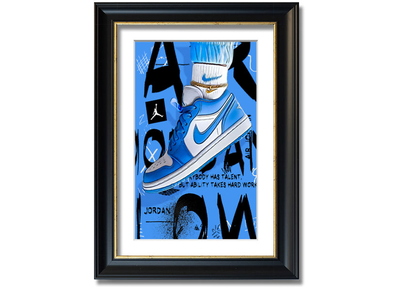 A vibrant artwork of blue sneakers printed on coated polyester canvas, mounted on a sturdy 44mm box frame, ready to hang.