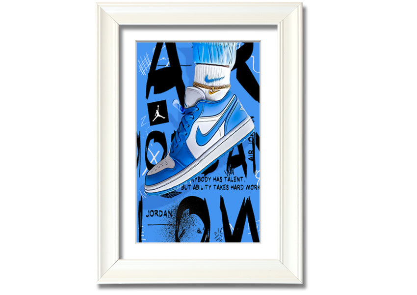 A vibrant artwork of blue sneakers printed on coated polyester canvas, mounted on a sturdy 44mm box frame, ready to hang.