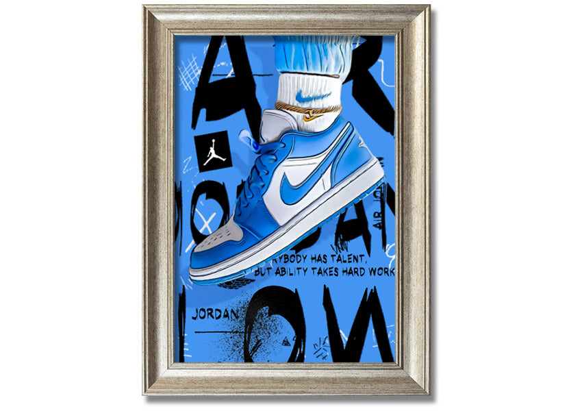 A vibrant artwork of blue sneakers printed on coated polyester canvas, mounted on a sturdy 44mm box frame, ready to hang.