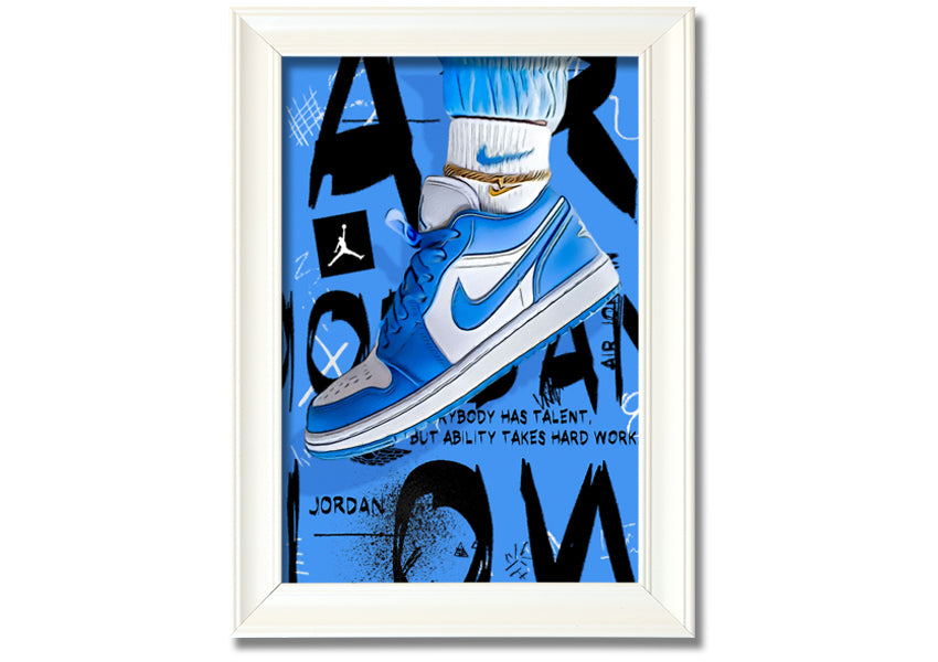 A vibrant artwork of blue sneakers printed on coated polyester canvas, mounted on a sturdy 44mm box frame, ready to hang.