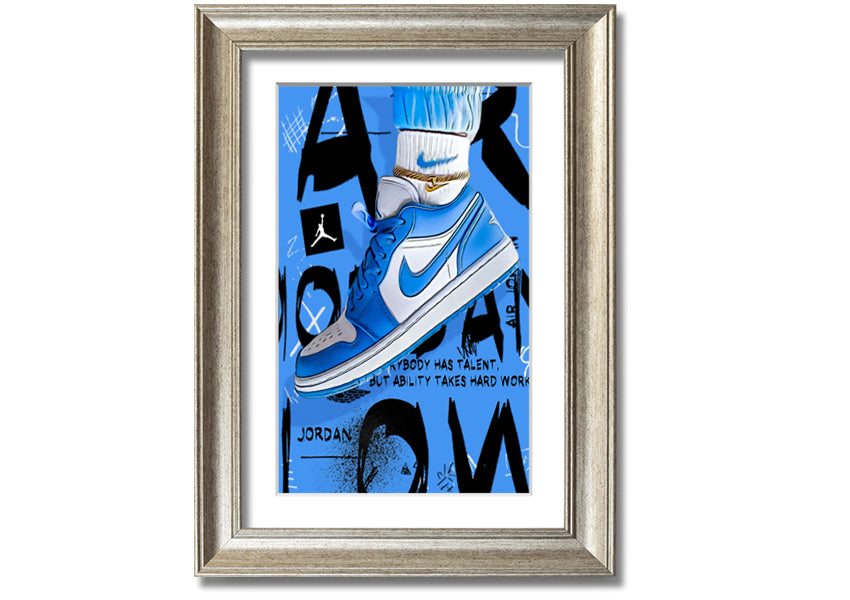 A vibrant artwork of blue sneakers printed on coated polyester canvas, mounted on a sturdy 44mm box frame, ready to hang.