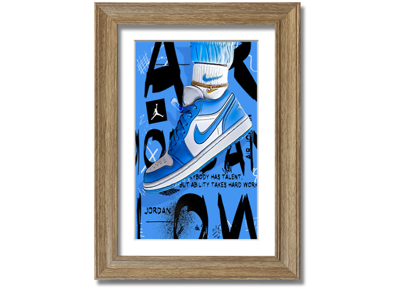 A vibrant artwork of blue sneakers printed on coated polyester canvas, mounted on a sturdy 44mm box frame, ready to hang.