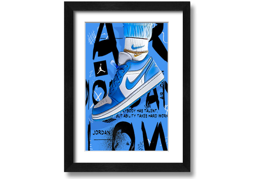 A vibrant artwork of blue sneakers printed on coated polyester canvas, mounted on a sturdy 44mm box frame, ready to hang.