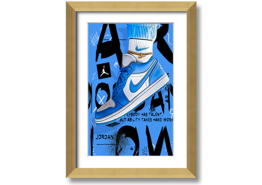 A vibrant artwork of blue sneakers printed on coated polyester canvas, mounted on a sturdy 44mm box frame, ready to hang.