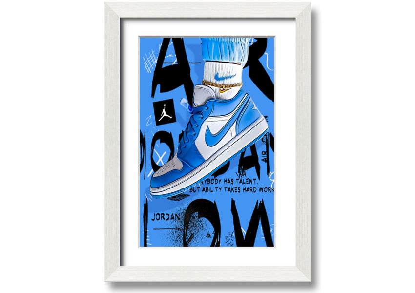 A vibrant artwork of blue sneakers printed on coated polyester canvas, mounted on a sturdy 44mm box frame, ready to hang.