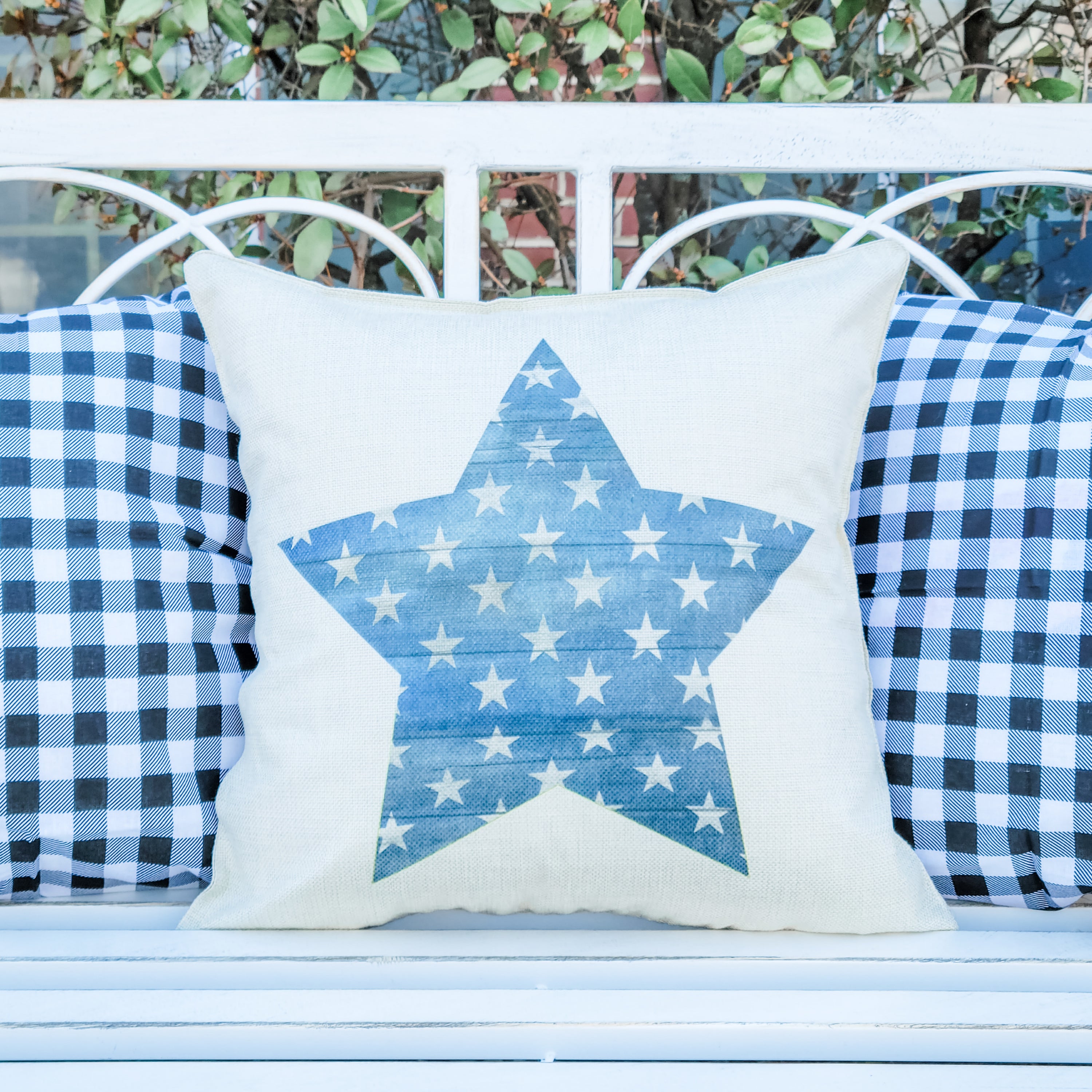 Blue Star Pillow Cover featuring original patriotic designs on soft polyester linen with a hidden zipper.