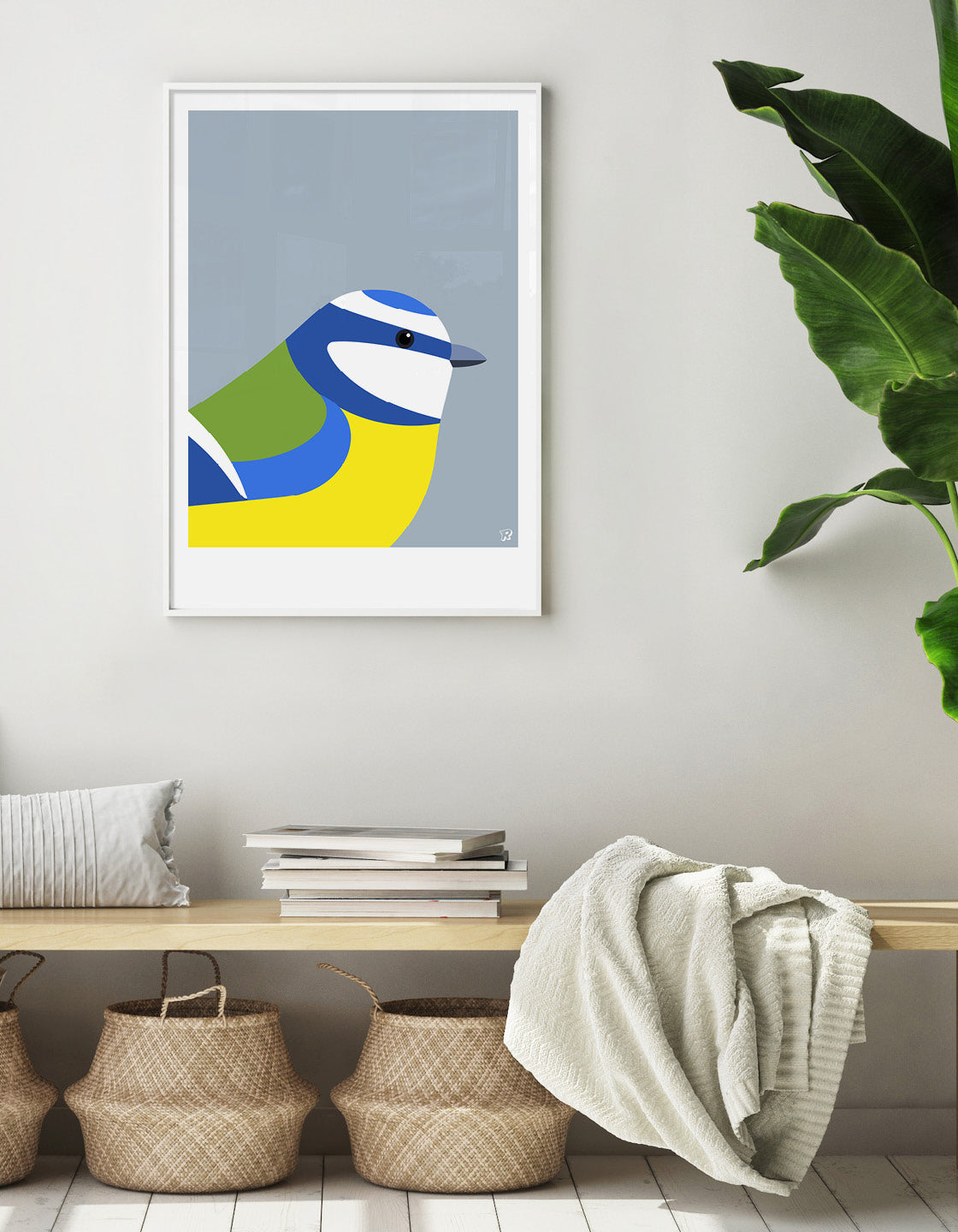 A vibrant Blue Tit bird print showcasing its colorful plumage, perfect for home decor.