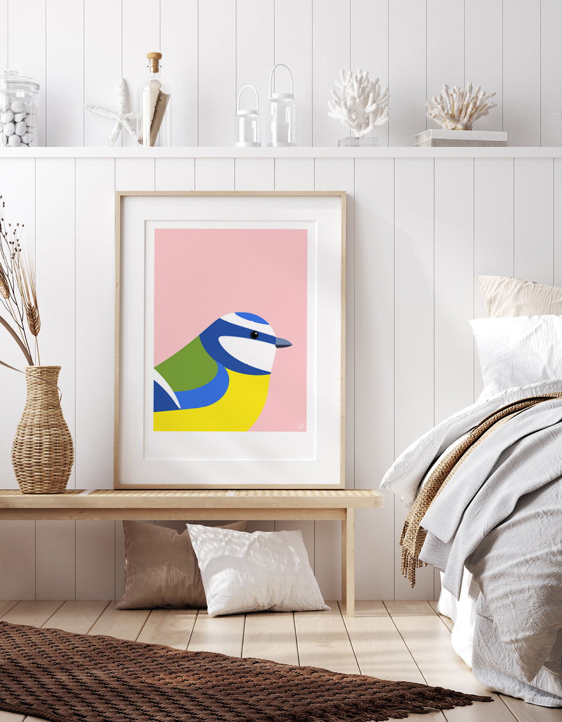 A vibrant Blue Tit bird print showcasing its colorful plumage, perfect for home decor.