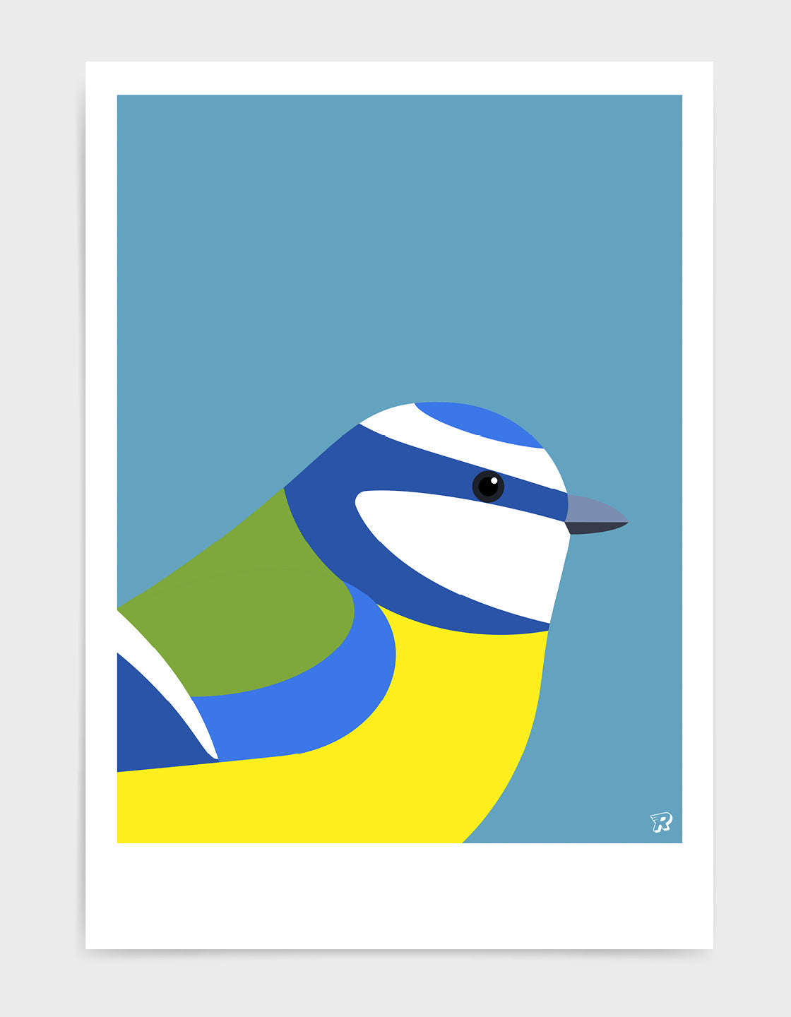 A vibrant Blue Tit bird print showcasing its colorful plumage, perfect for home decor.