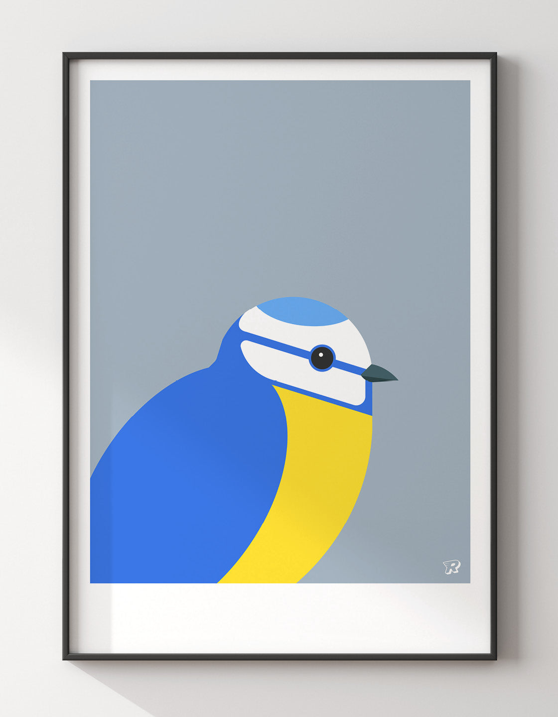 A vibrant Blue Tit bird print showcasing its colorful plumage against a modern background.