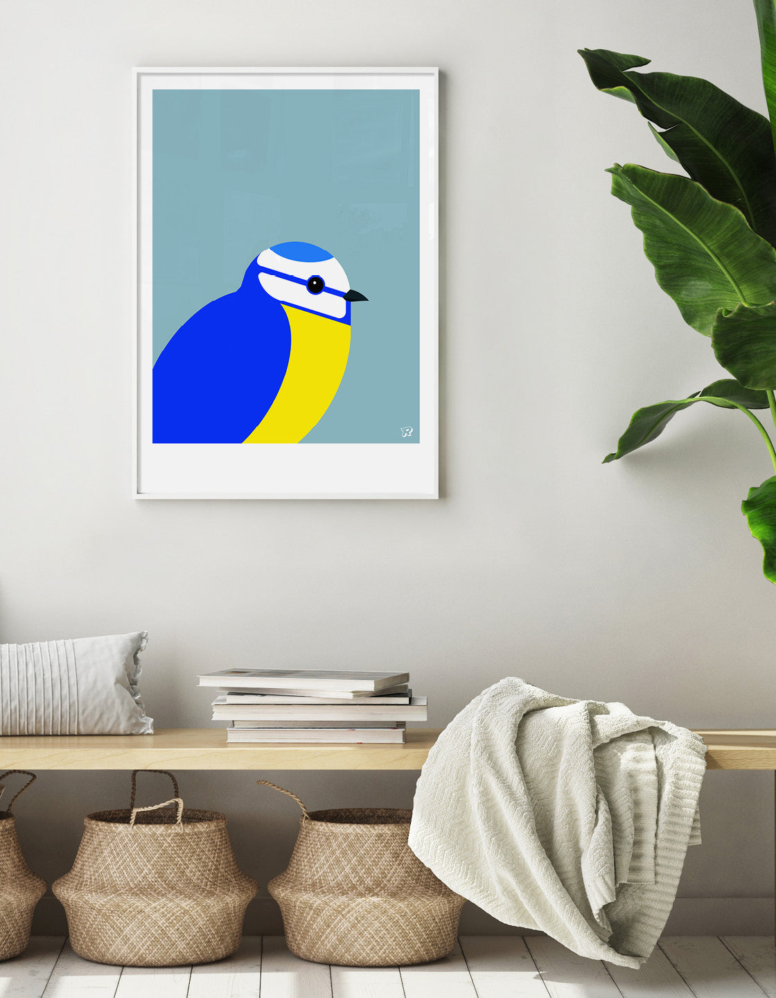 A vibrant Blue Tit bird print showcasing its colorful plumage against a modern background.