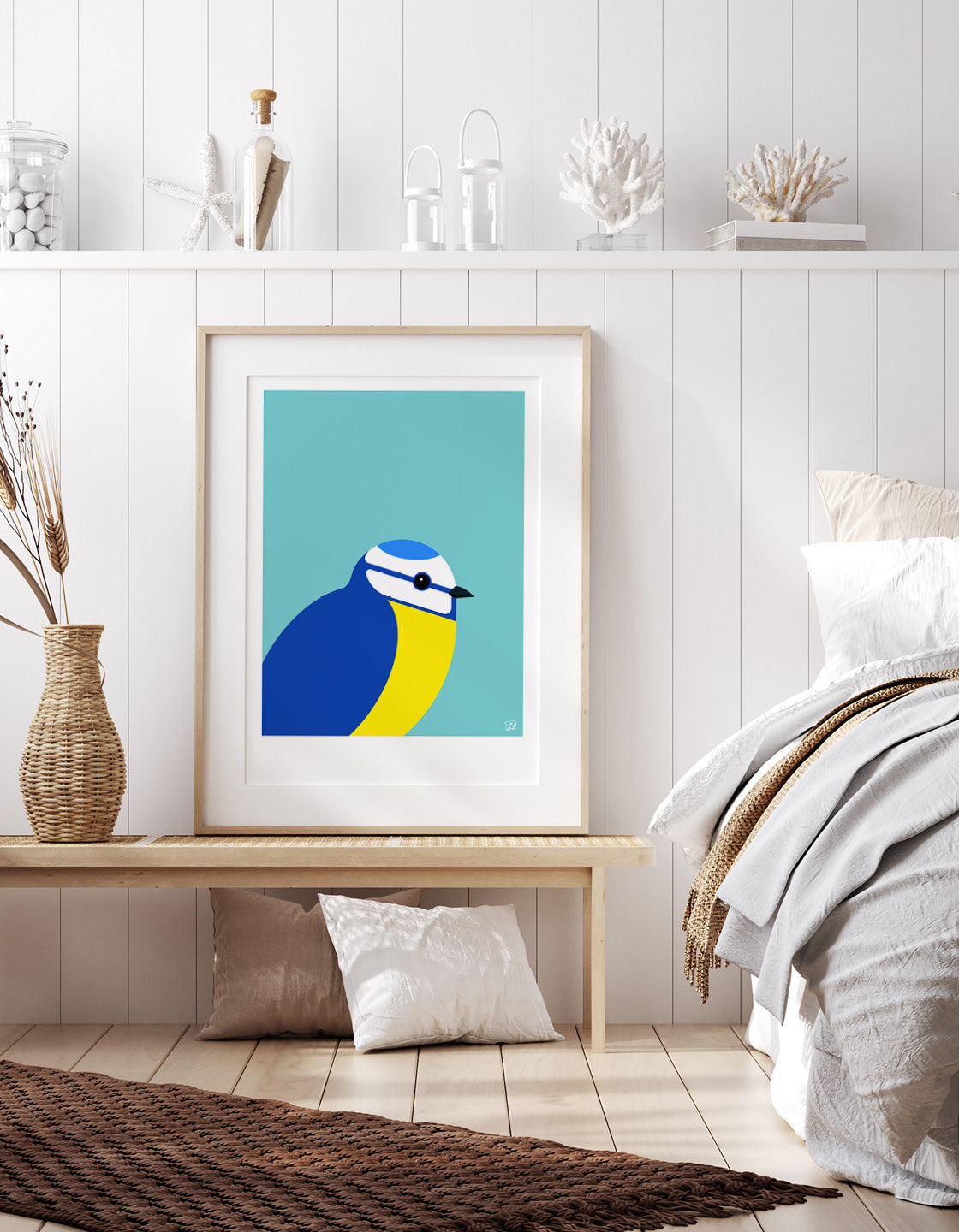 A vibrant Blue Tit bird print showcasing its colorful plumage against a modern background.