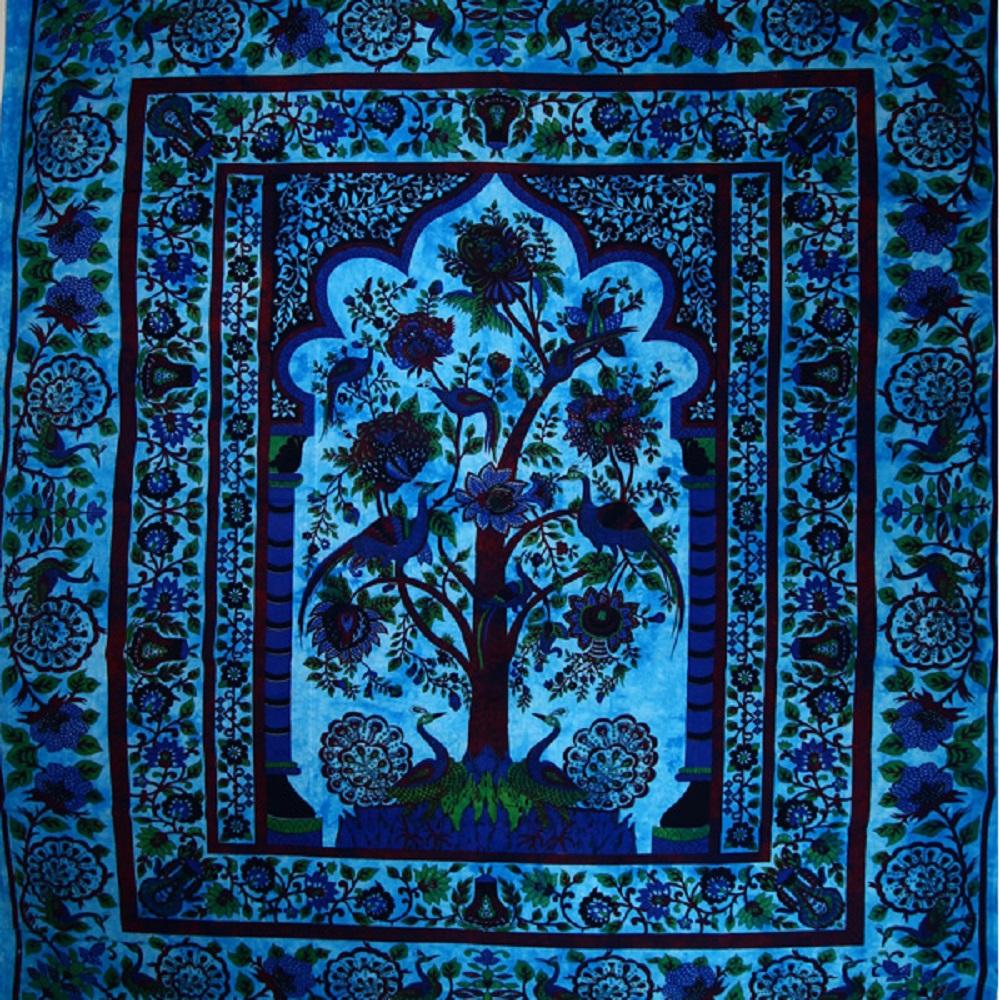 A vibrant Blue Tree of Life tapestry featuring peacocks and intricate floral designs, perfect for wall art or decorative use.