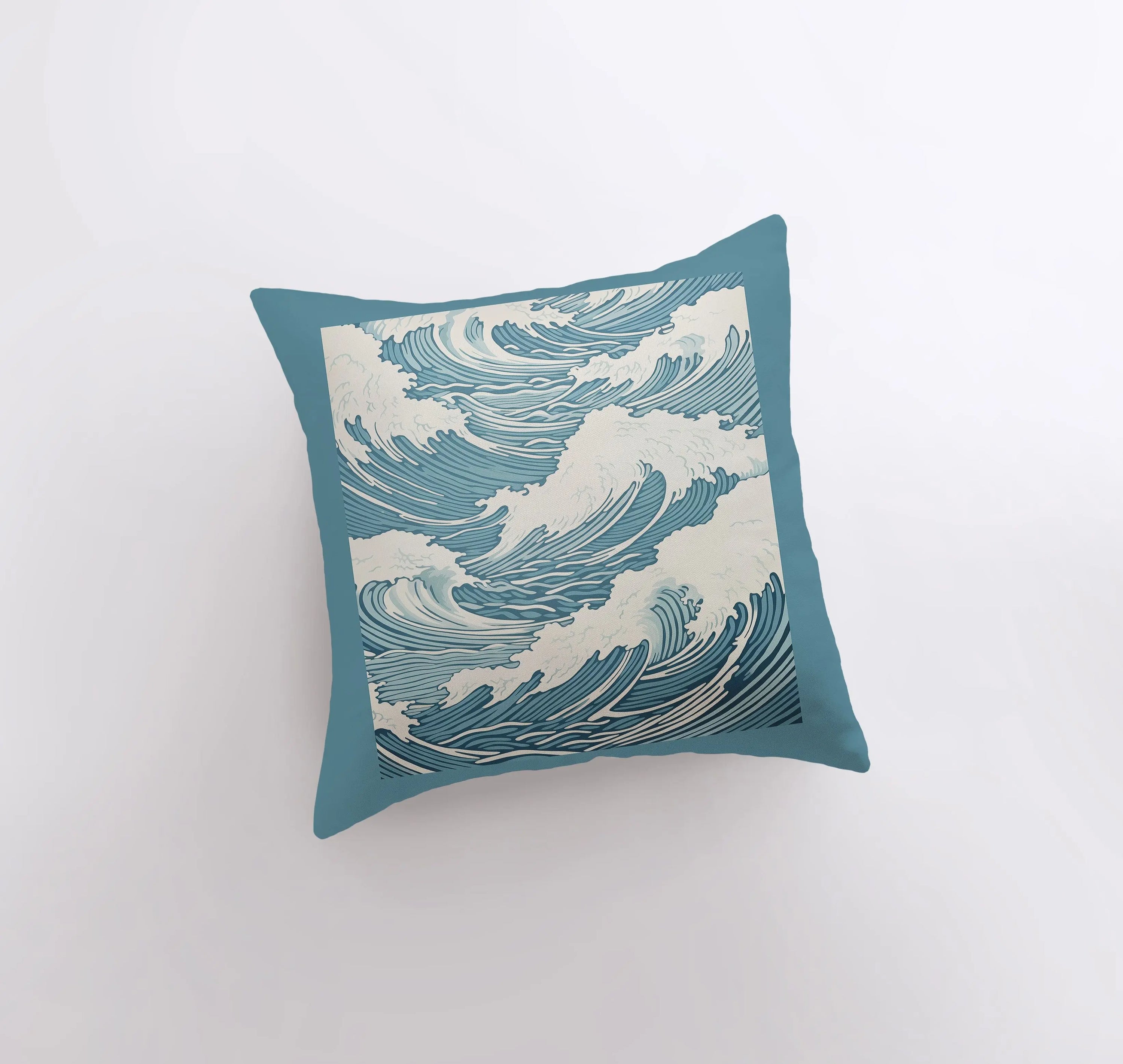 Blue Waves throw pillow featuring ocean wave design on front and white back, handmade in America.