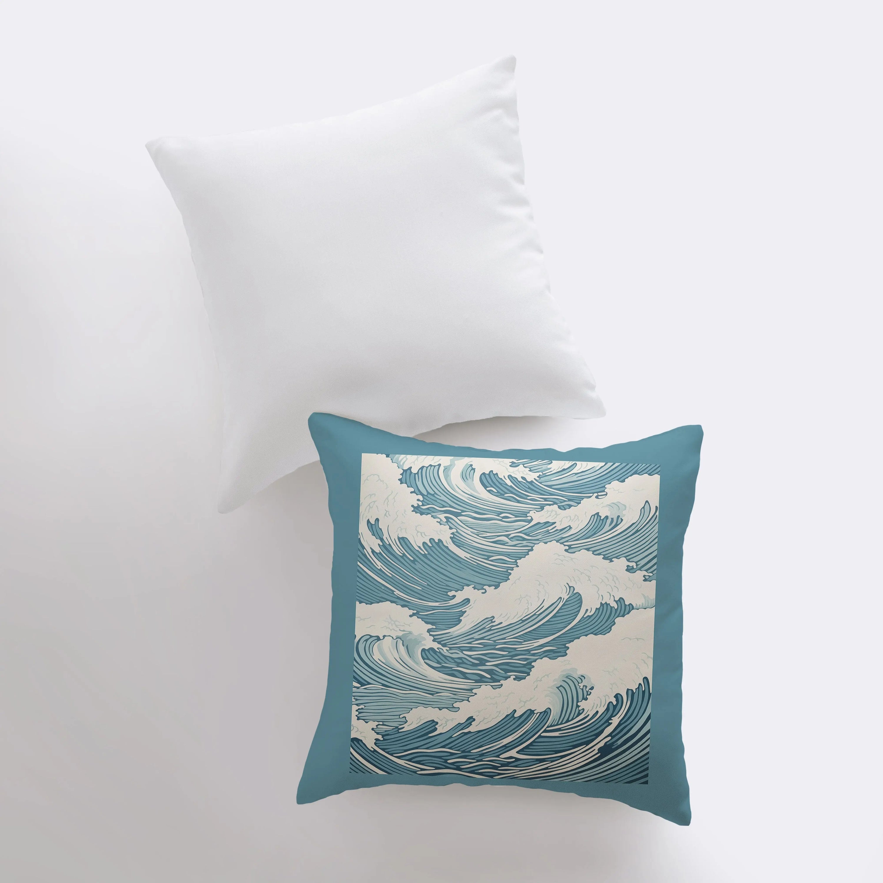 Blue Waves throw pillow featuring ocean wave design on front and white back, handmade in America.