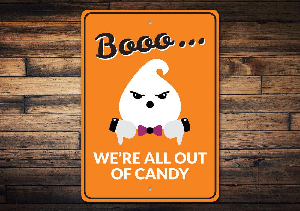 Boo Candy Sign featuring spooky Halloween design, made of durable aluminum, perfect for indoor and outdoor decoration.