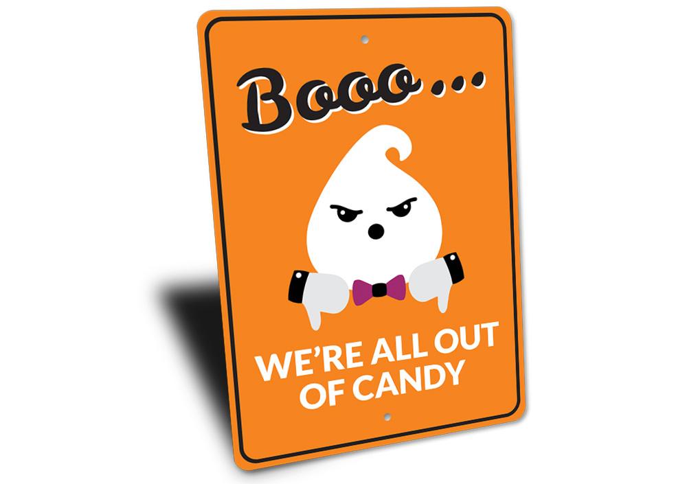 Boo Candy Sign featuring spooky Halloween design, made of durable aluminum, perfect for indoor and outdoor decoration.