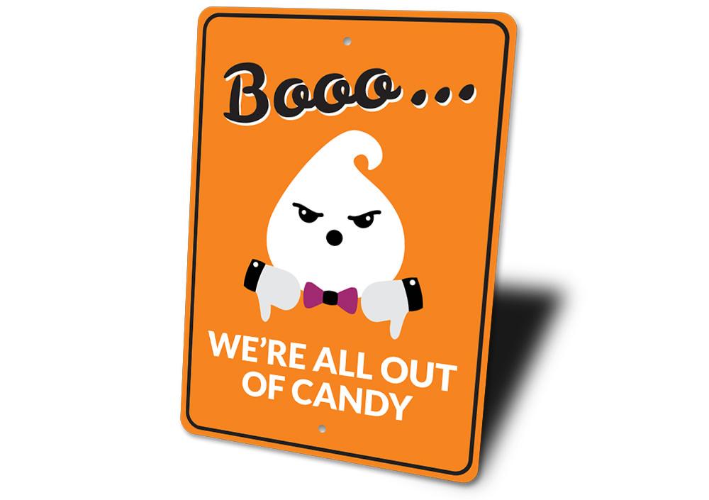 Boo Candy Sign featuring spooky Halloween design, made of durable aluminum, perfect for indoor and outdoor decoration.