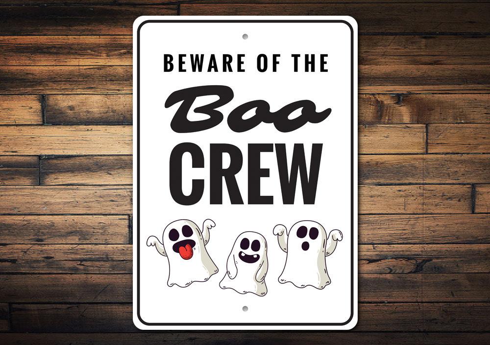 Boo Crew Sign made of high-quality aluminum, featuring spooky Halloween-themed design, perfect for indoor and outdoor decoration.