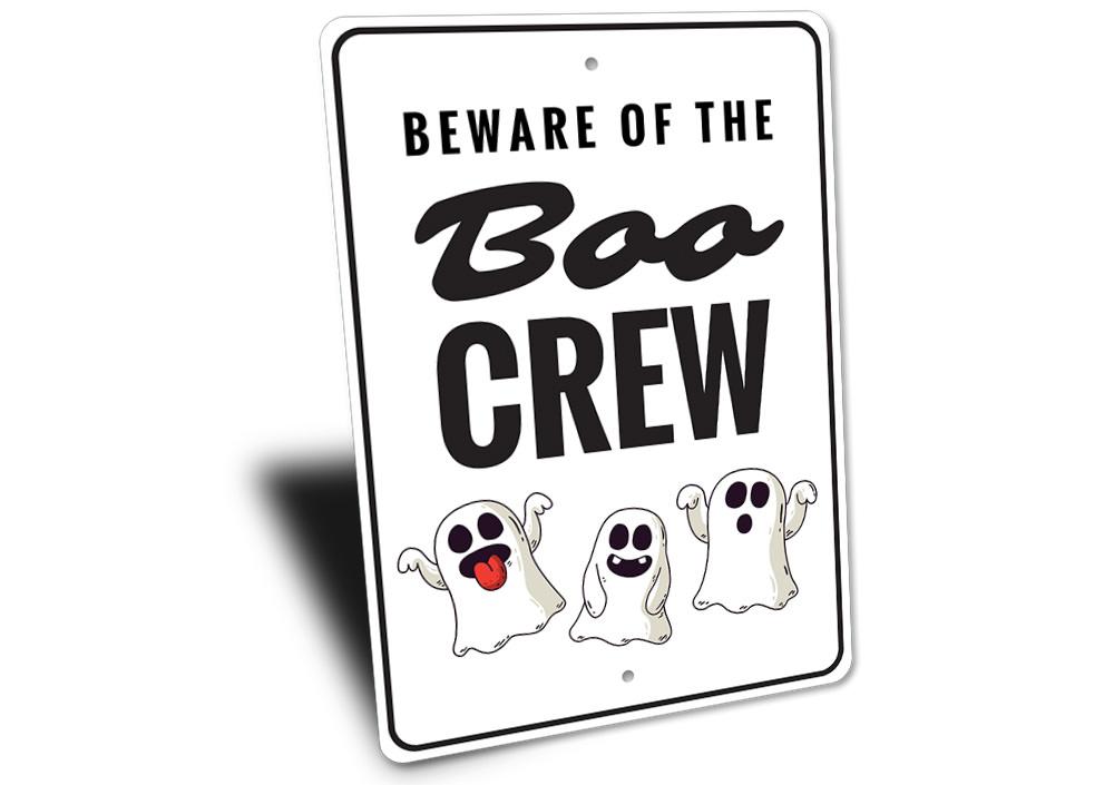 Boo Crew Sign made of high-quality aluminum, featuring spooky Halloween-themed design, perfect for indoor and outdoor decoration.