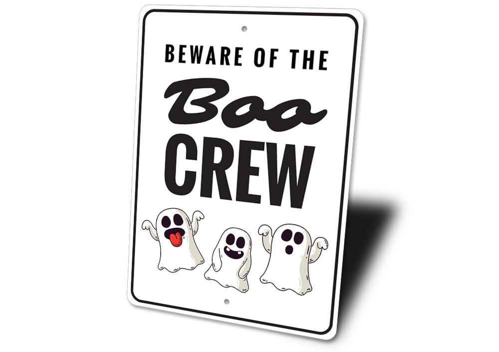 Boo Crew Sign made of high-quality aluminum, featuring spooky Halloween-themed design, perfect for indoor and outdoor decoration.