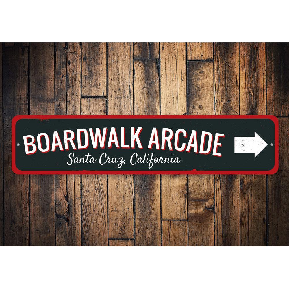 A vibrant Boardwalk Arcade Sign made of high-quality aluminum, featuring colorful graphics and customizable text, perfect for game rooms and man caves.