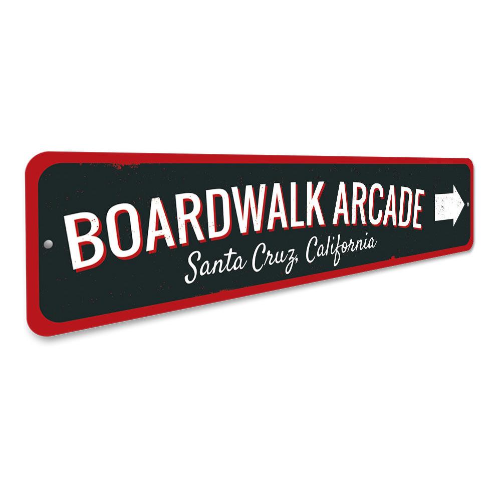 A vibrant Boardwalk Arcade Sign made of high-quality aluminum, featuring colorful graphics and customizable text, perfect for game rooms and man caves.