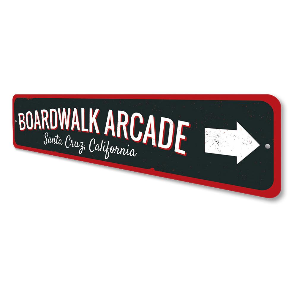 A vibrant Boardwalk Arcade Sign made of high-quality aluminum, featuring colorful graphics and customizable text, perfect for game rooms and man caves.