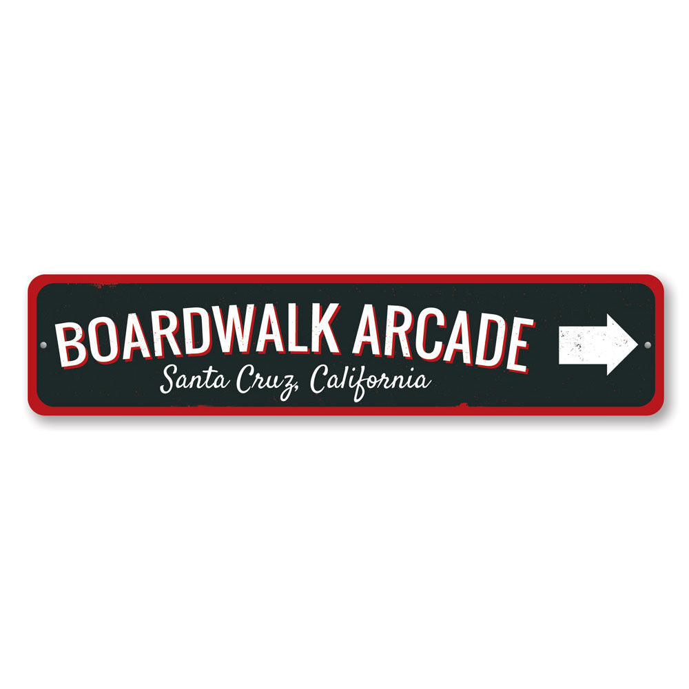 A vibrant Boardwalk Arcade Sign made of high-quality aluminum, featuring colorful graphics and customizable text, perfect for game rooms and man caves.