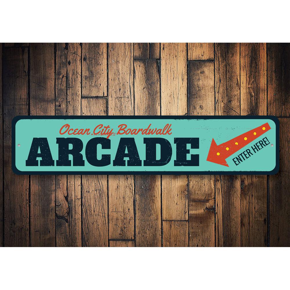 A vibrant Boardwalk Arcade Sign made of aluminum, featuring customizable text, perfect for beach-themed decor.