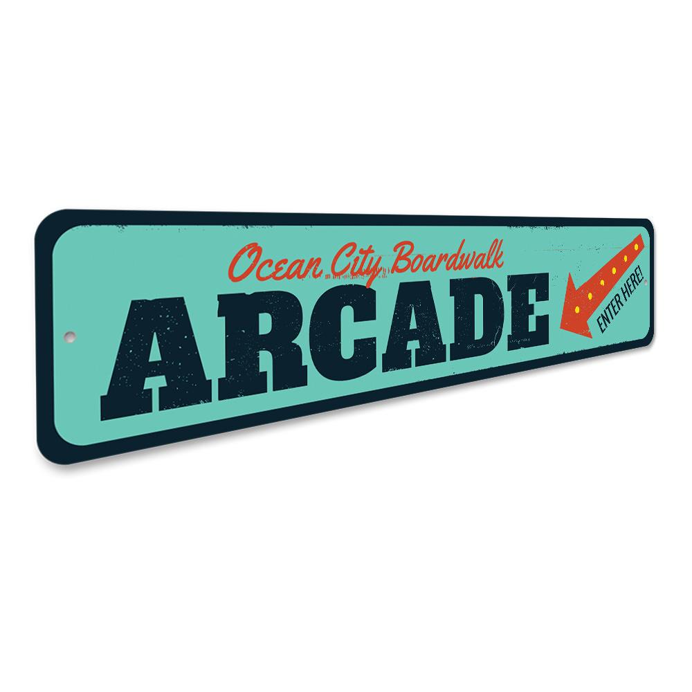 A vibrant Boardwalk Arcade Sign made of aluminum, featuring customizable text, perfect for beach-themed decor.