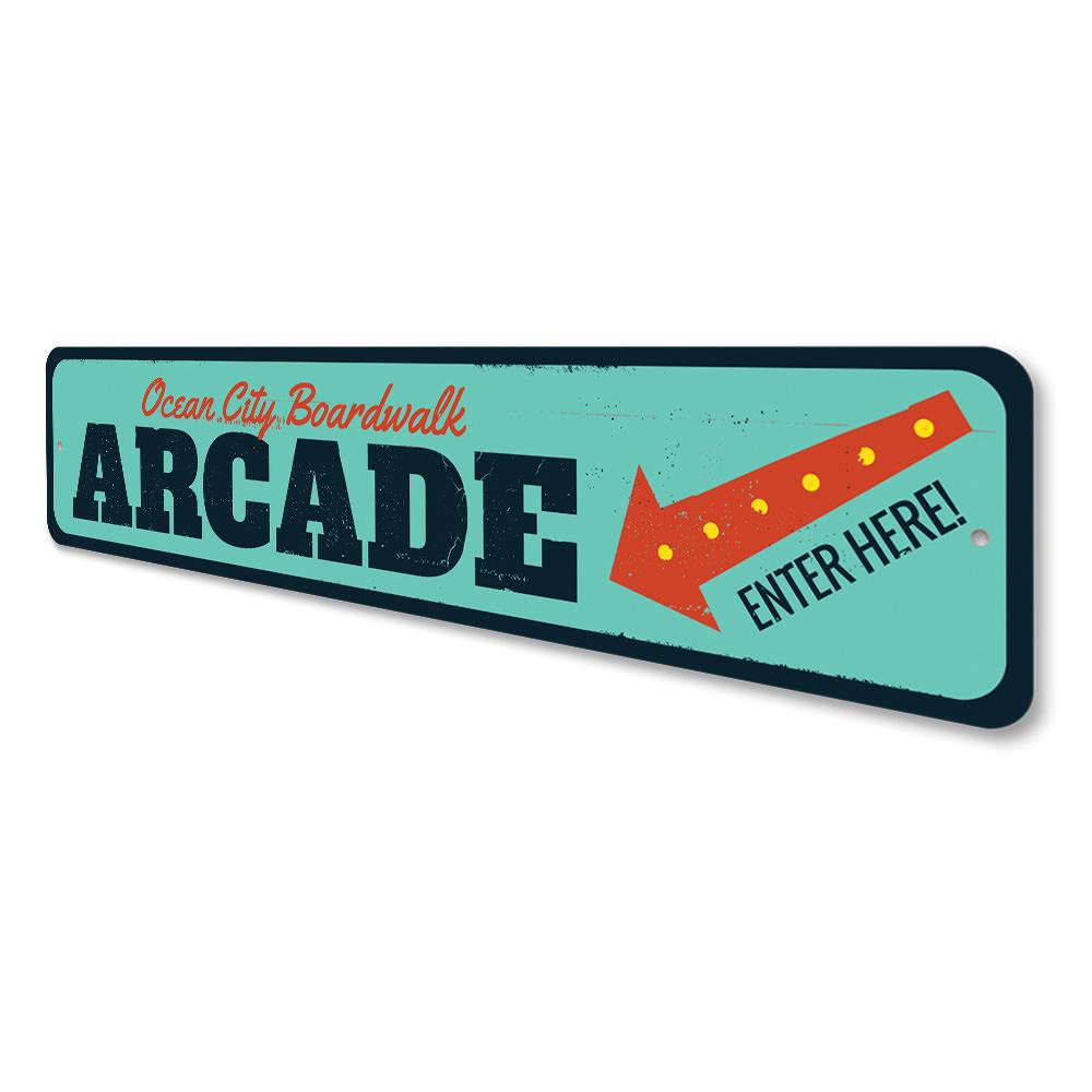 A vibrant Boardwalk Arcade Sign made of aluminum, featuring customizable text, perfect for beach-themed decor.