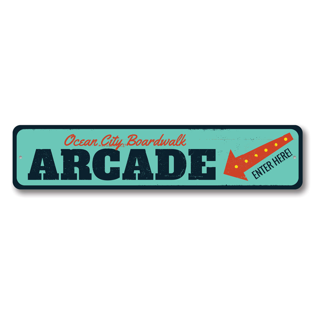 A vibrant Boardwalk Arcade Sign made of aluminum, featuring customizable text, perfect for beach-themed decor.