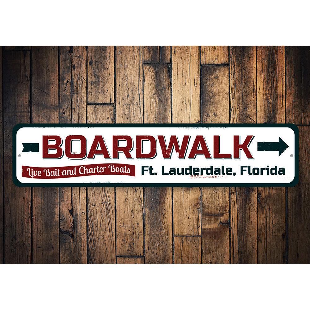 A vibrant Boardwalk Arrow Sign made of aluminum, featuring a coastal design perfect for beach houses and outdoor decor.