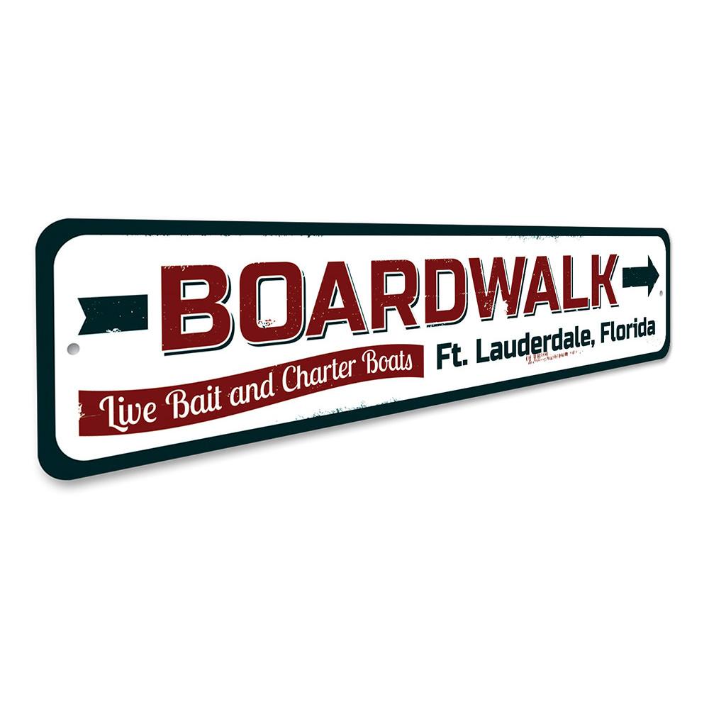 A vibrant Boardwalk Arrow Sign made of aluminum, featuring a coastal design perfect for beach houses and outdoor decor.