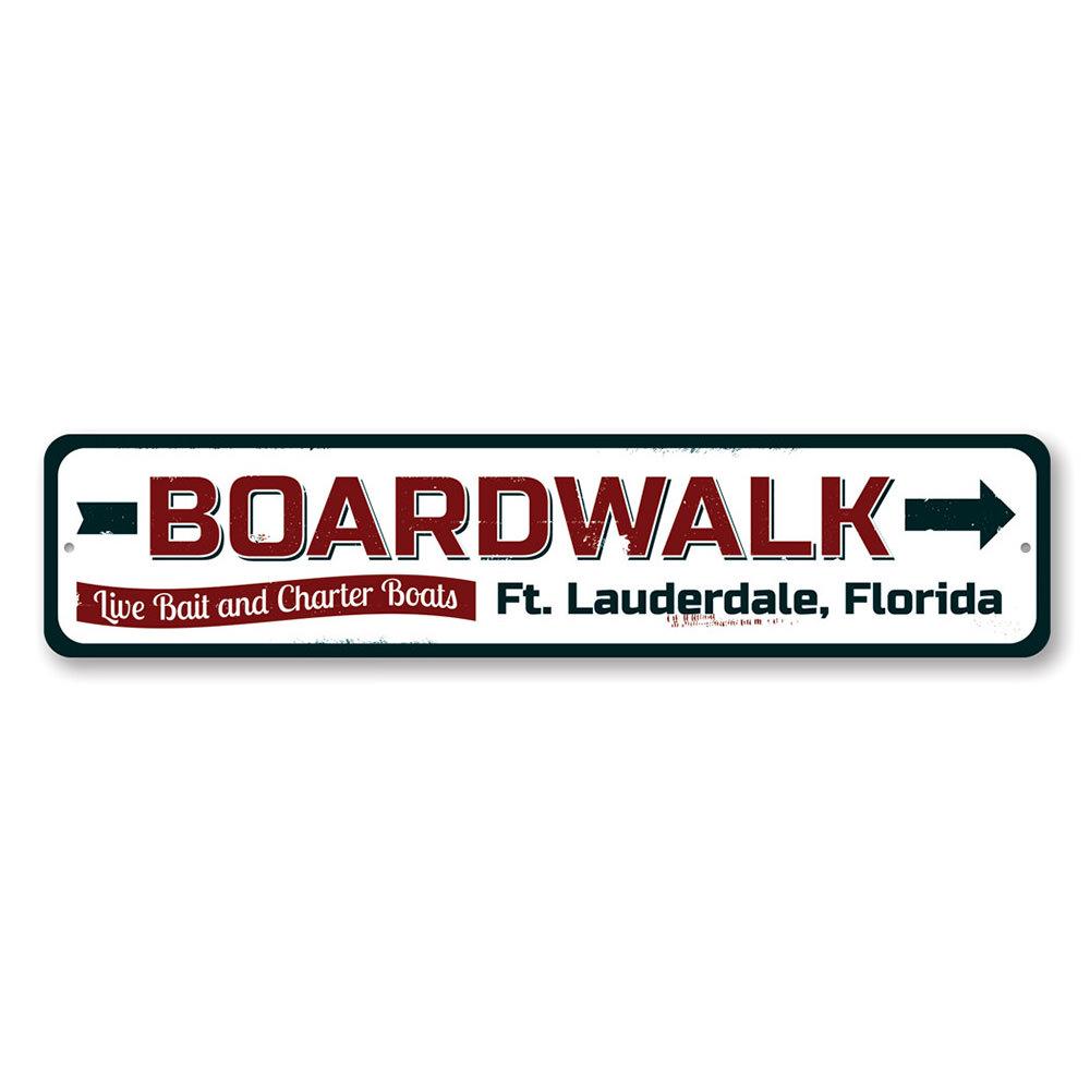 A vibrant Boardwalk Arrow Sign made of aluminum, featuring a coastal design perfect for beach houses and outdoor decor.