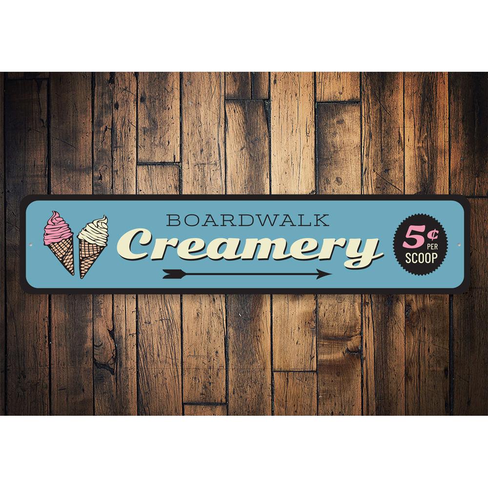 Boardwalk Creamery Sign made of high-quality aluminum, featuring customizable text and pre-drilled holes for easy mounting.