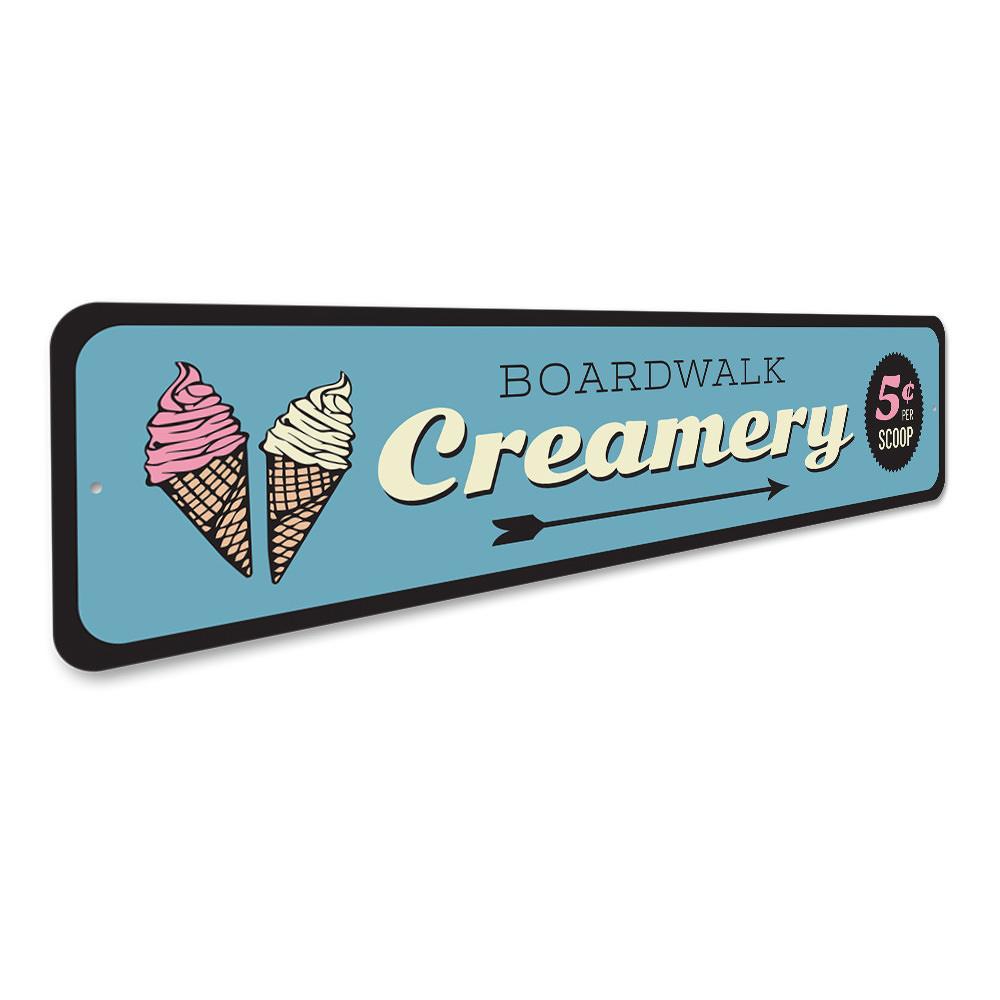 Boardwalk Creamery Sign made of high-quality aluminum, featuring customizable text and pre-drilled holes for easy mounting.