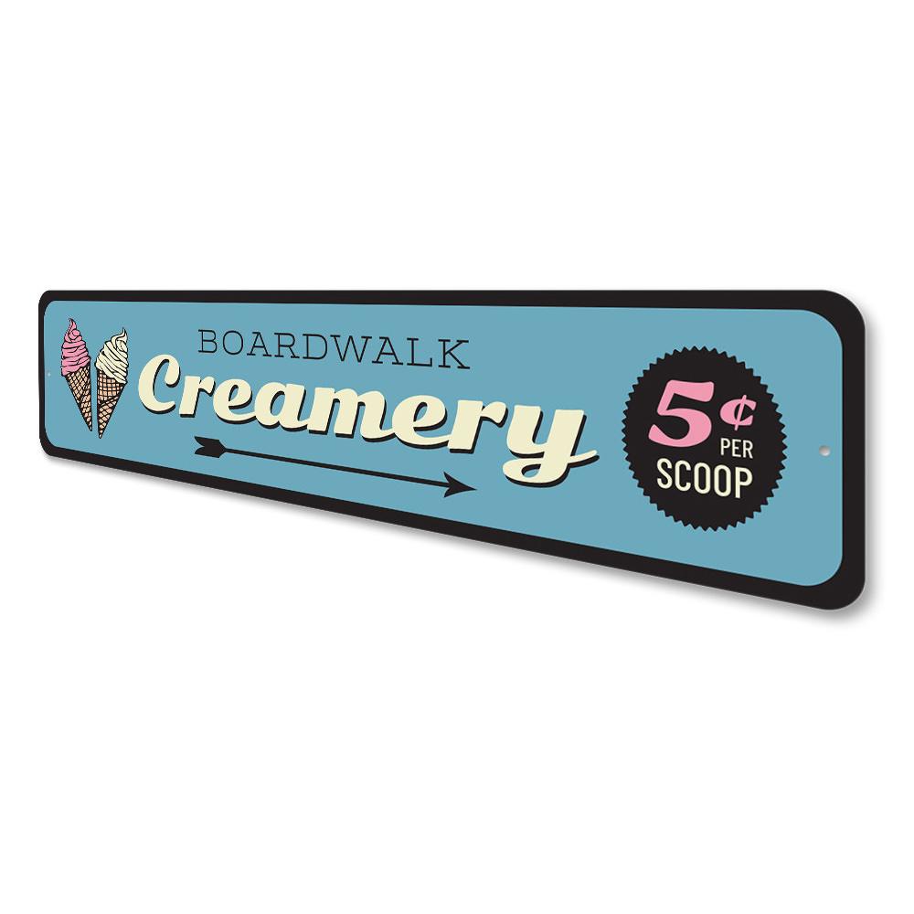 Boardwalk Creamery Sign made of high-quality aluminum, featuring customizable text and pre-drilled holes for easy mounting.