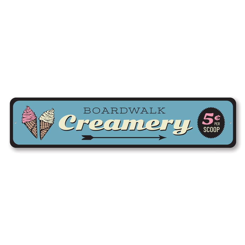 Boardwalk Creamery Sign made of high-quality aluminum, featuring customizable text and pre-drilled holes for easy mounting.