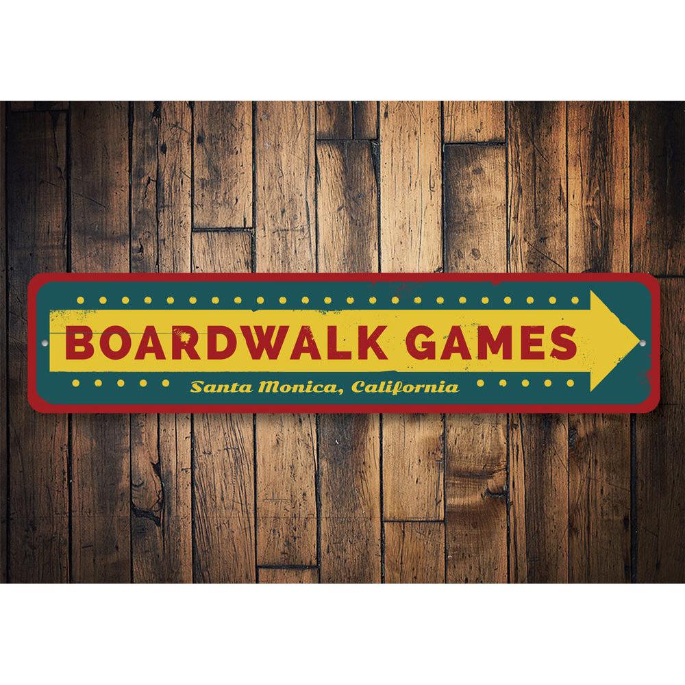 A vibrant Boardwalk Games Sign made of high-quality aluminum, featuring beach-themed graphics, perfect for coastal decor.