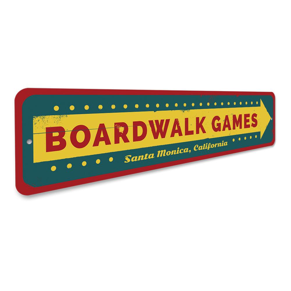 A vibrant Boardwalk Games Sign made of high-quality aluminum, featuring beach-themed graphics, perfect for coastal decor.