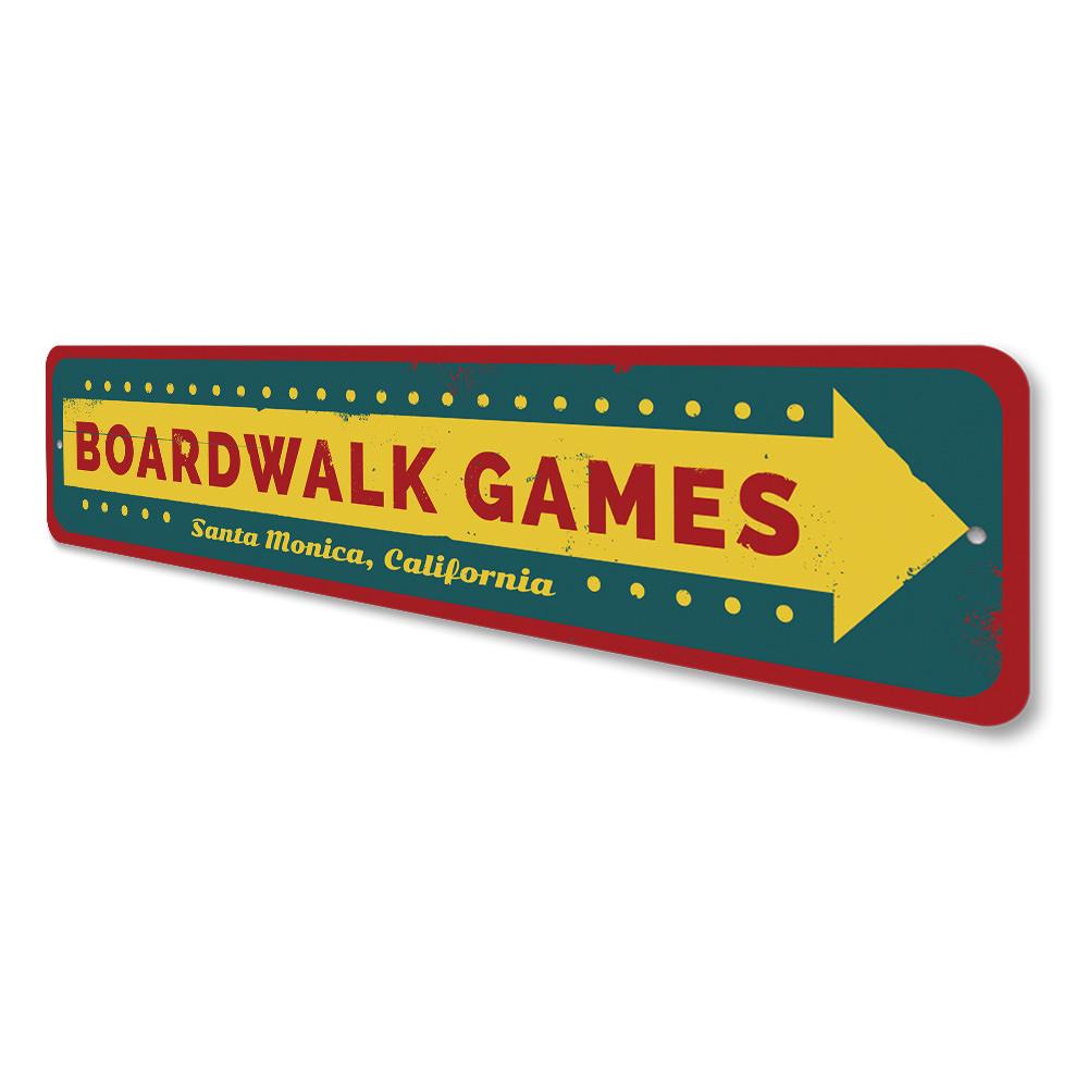 A vibrant Boardwalk Games Sign made of high-quality aluminum, featuring beach-themed graphics, perfect for coastal decor.