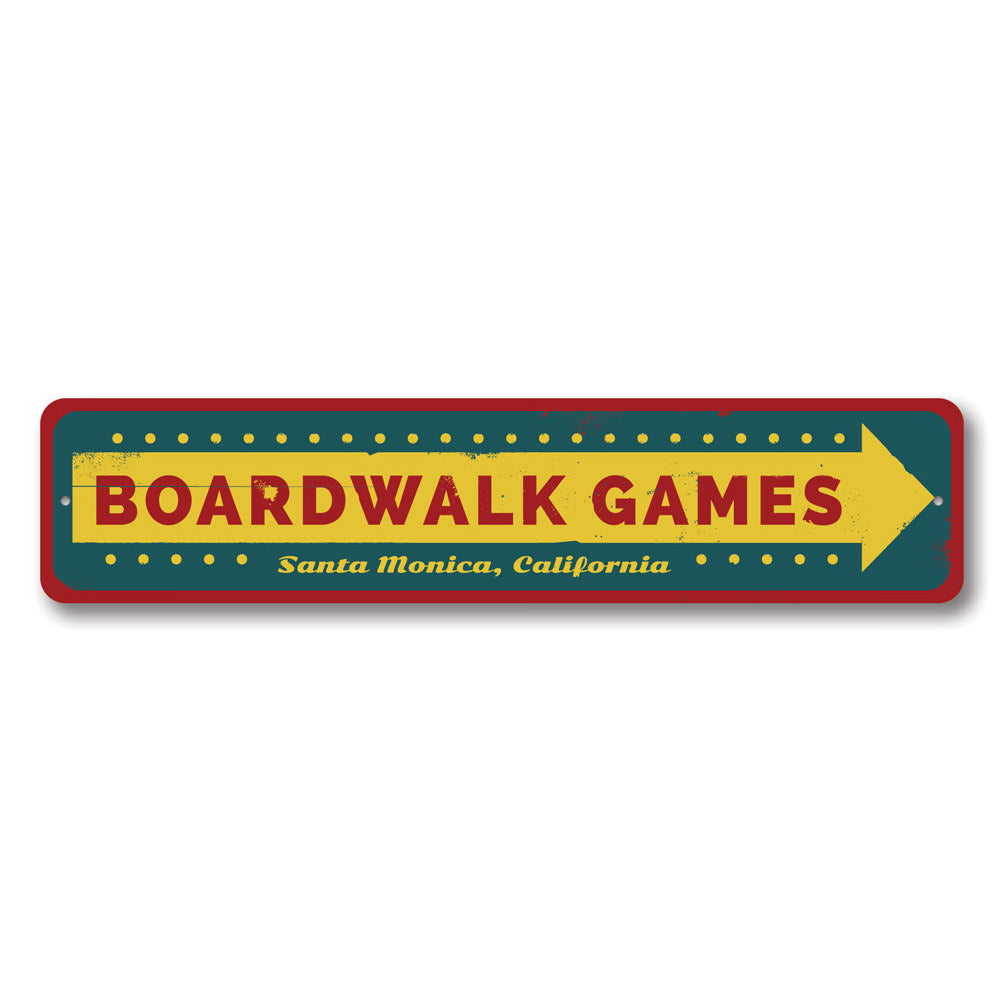 A vibrant Boardwalk Games Sign made of high-quality aluminum, featuring beach-themed graphics, perfect for coastal decor.