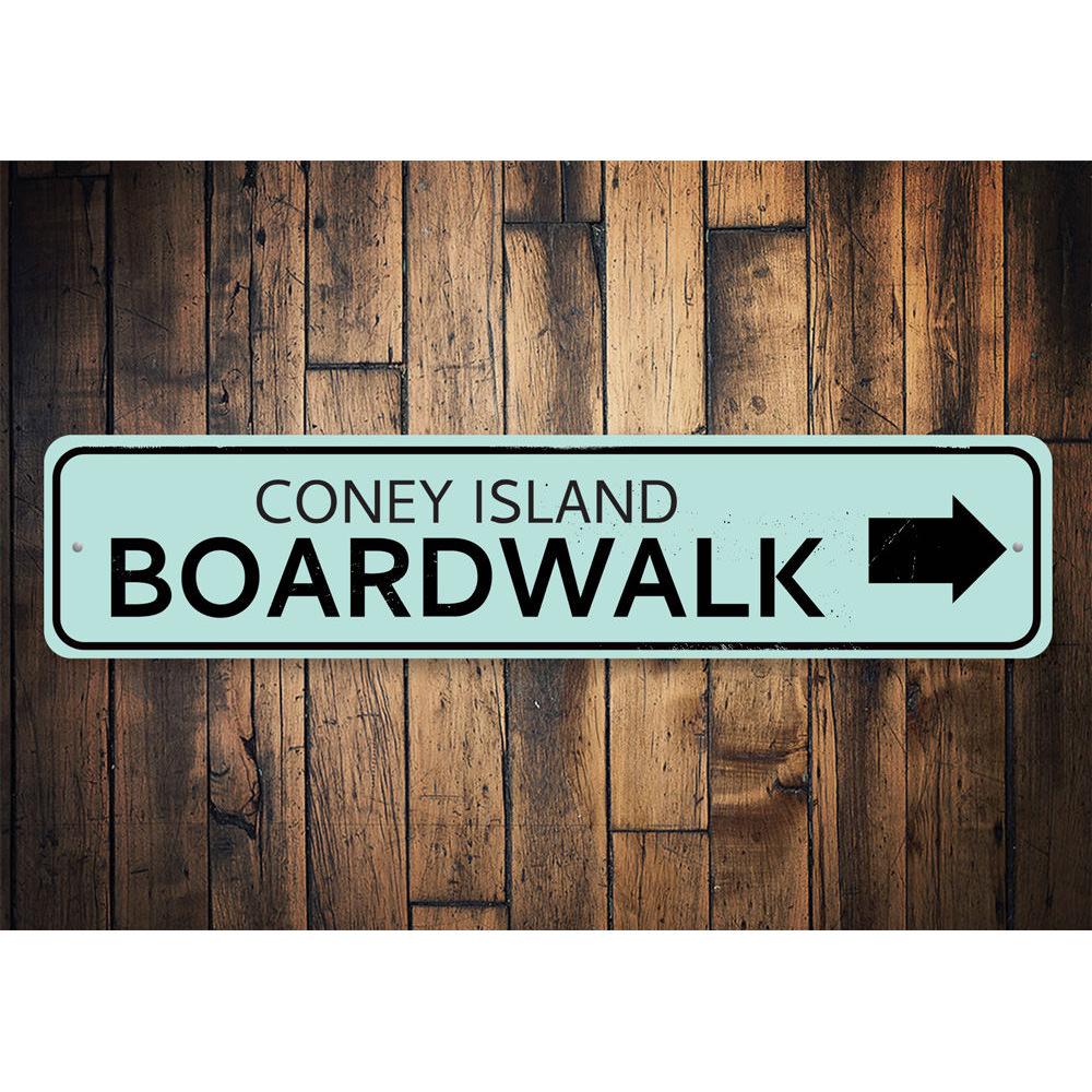 Boardwalk Location Arrow Sign made of high-quality aluminum, featuring customizable text and pre-drilled holes for easy mounting.