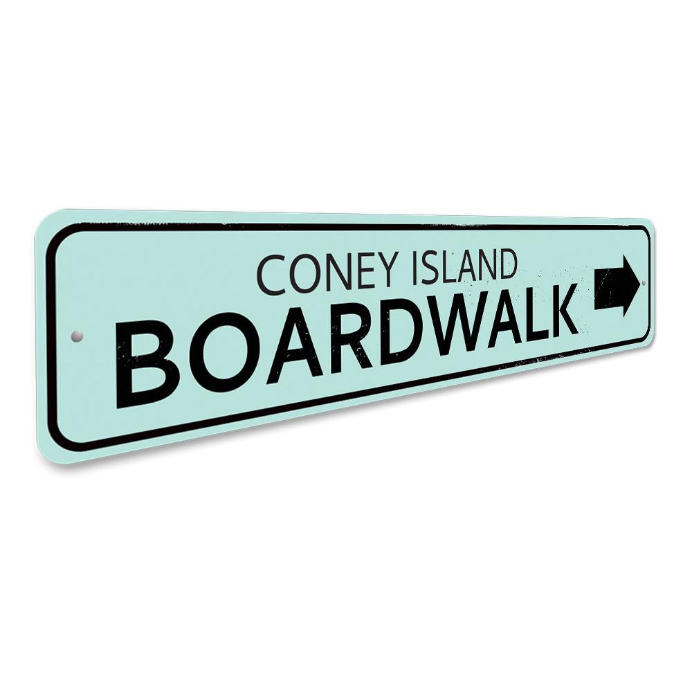 Boardwalk Location Arrow Sign made of high-quality aluminum, featuring customizable text and pre-drilled holes for easy mounting.