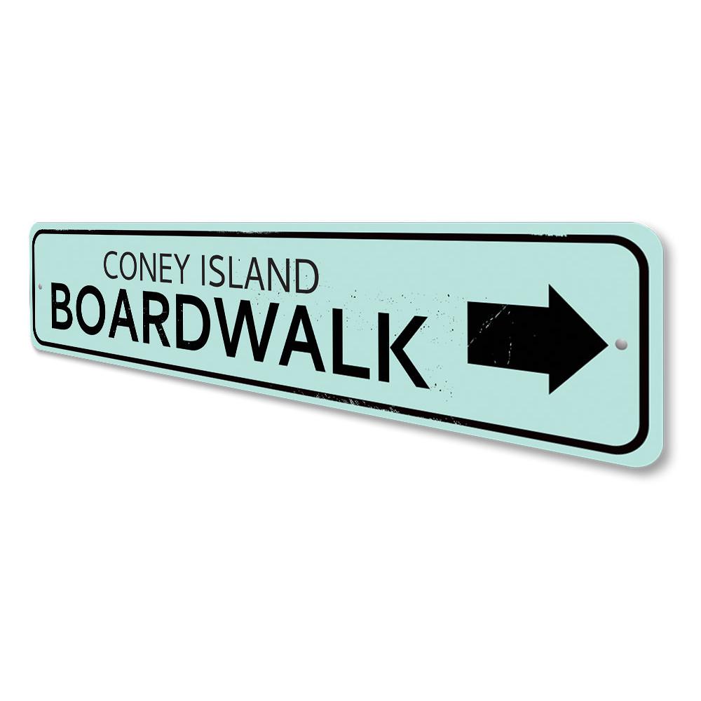 Boardwalk Location Arrow Sign made of high-quality aluminum, featuring customizable text and pre-drilled holes for easy mounting.