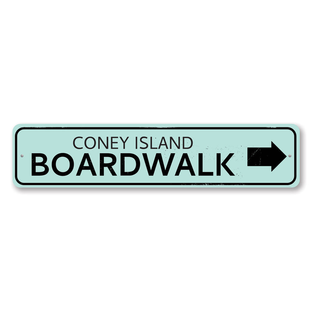 Boardwalk Location Arrow Sign made of high-quality aluminum, featuring customizable text and pre-drilled holes for easy mounting.