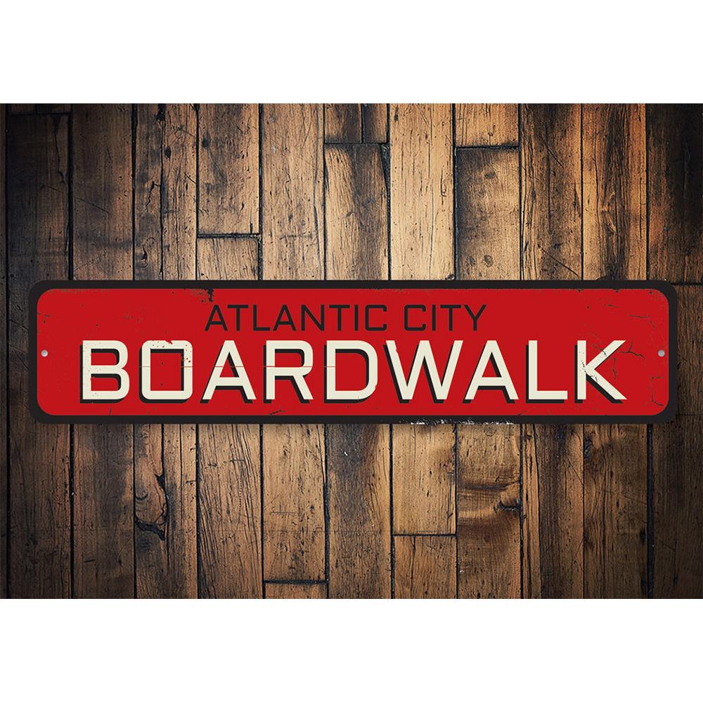 Customizable Boardwalk Location Sign made of high-quality aluminum, featuring a beach-themed design, perfect for coastal decor.